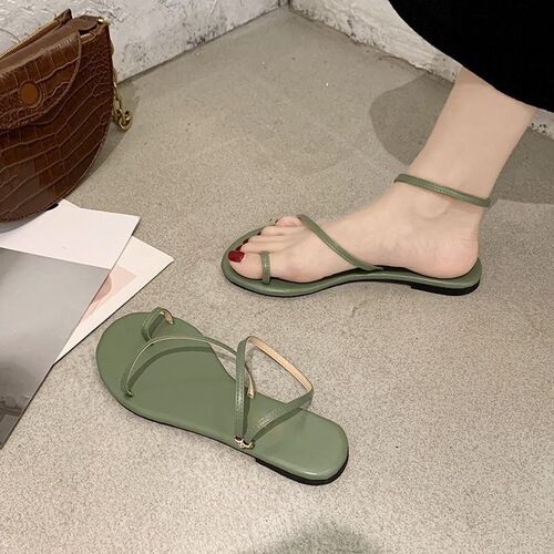 2026 new style preppy style simple thin belt clip-toe sandals fairy style female one-belt flat Roman beach shoes summer