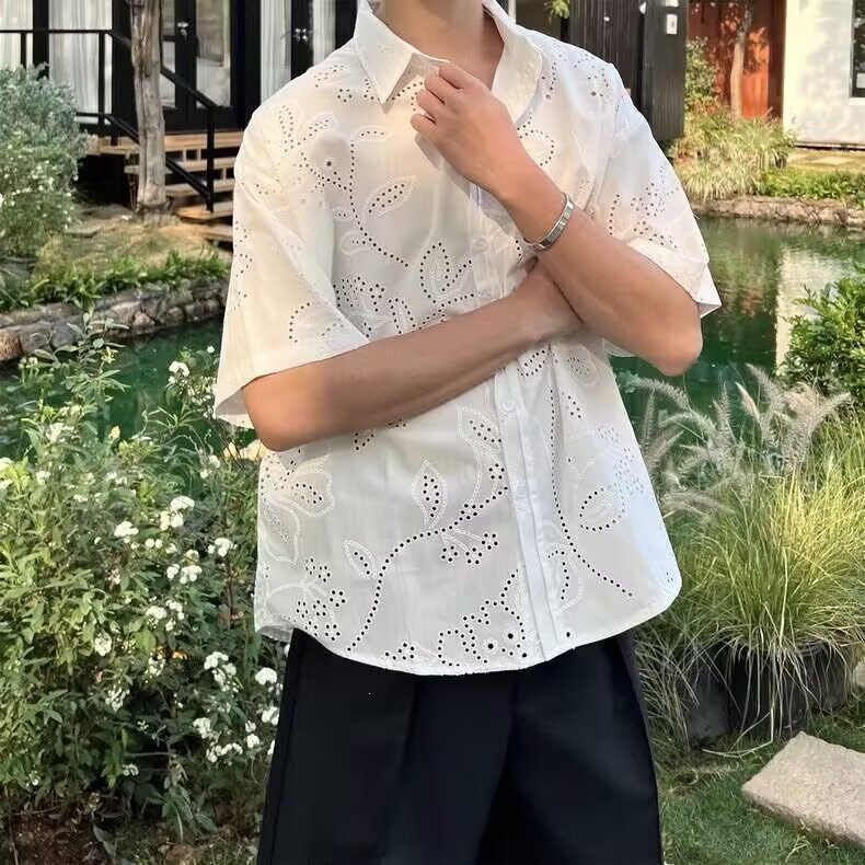 2026 High-Quality Multi-Design 3D Embroidered Hollow-Out Shirt for Men, Korean Style, Loose Fit, Non-Iron Shirt, White, Now Available 2026 High-Quality Multi-Design 3D Embroidered Hollow-Out Shirt for Men, Korean Style, Loose Fit, Non-Iron Shirt, White, Now Available