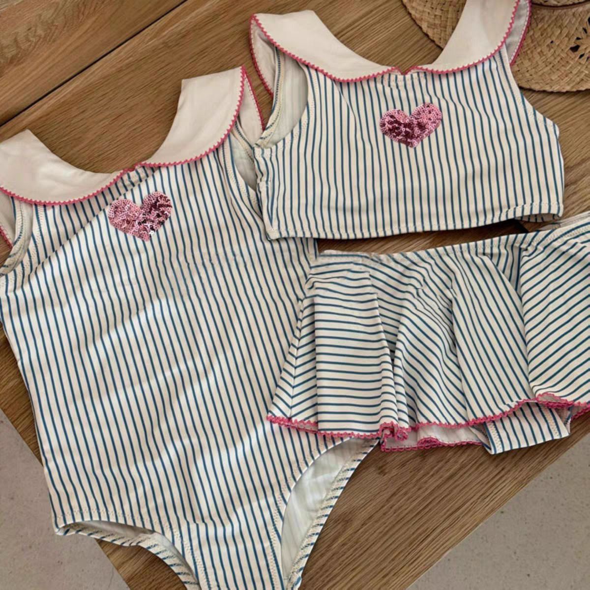 Summer Girls' Swimwear Baby Fashionable Kidsren's Stylish Trendy Korean Style Stripesd Heart Doll Collar One-Piece Swimsuit Set