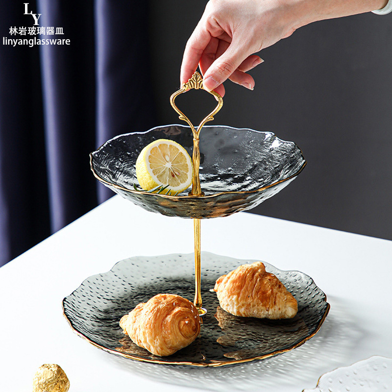 Lujo ligero Viento Phnom Penh vidrio de tres capas de frutas bandejas de alta calidad creativas dulces caseras pastel snack bandejas al por mayor