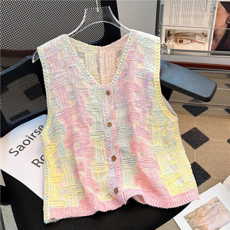 Colorful V Neck Knitted Vest for Women to Wear Outside 25 Summer One-Size-Fits-All Small mm Slimming Look Belly-Covering Cardigan Top