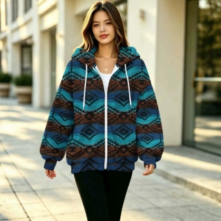 跨境新款温柔系韩版加厚连帽印花外套女冬季新款宽松拉链长袖