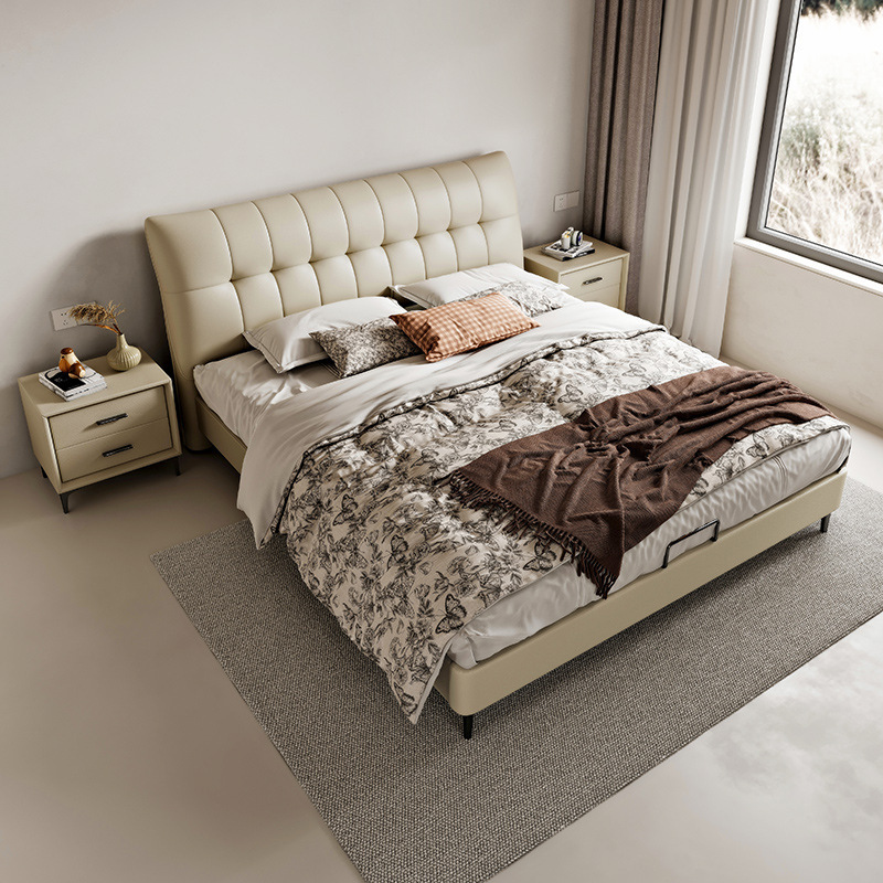 Modern minimalist leather bed, master bedroom double bed 1.8m, high-end light luxury leather king-size bed, Italian internet-famous edge-to-edge wedding bed