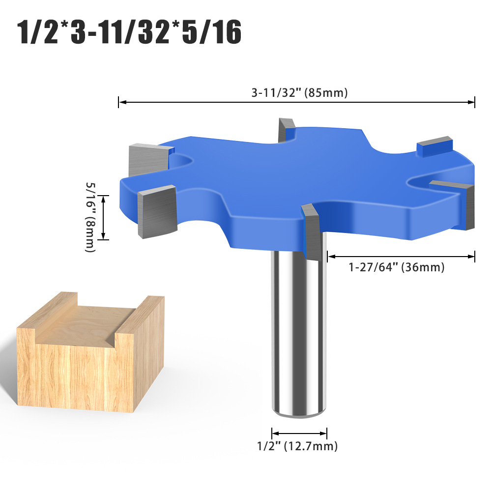 Cuchillo en forma de T de cuatro dientes de 6 dientes 1/2 mango Herramienta de carpintería de mango de 12mm Cuchillo de ranura en forma de T alargado Cuchillo de ranura Cortador de fresado en forma de T Cuchillo Tenon