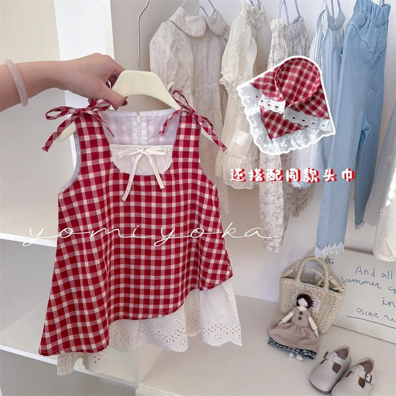 ¡Envía una diadema!! Vestido de bosque a cuadros rojo de siete niñas de limón salado verano nuevo estilo vestido de chaleco femenino para niños