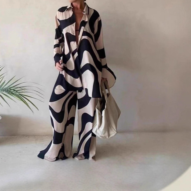 2025 European and American Cross-Border New Product Set Fashionable Printed Loose Long-Sleeved Shirt + Straight Pants for Women