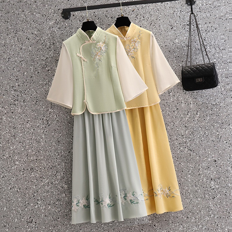 Chinese Republic of China style Tang suit spring/summer tea dress retro Hanfu modified cheongsam top embroidered cotton and linen skirt set