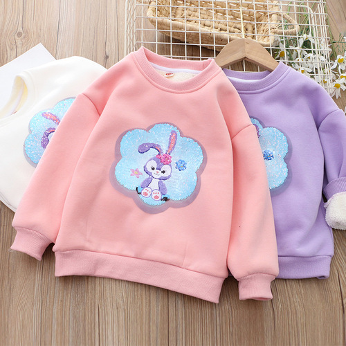 Children's clothing winter new style girls' velvet sweatshirt one-piece velvet pullover flip-up color-changing sequins thickened sherpa