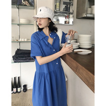 夏季水洗棉宽松衬衫式短袖蓝色连衣裙2024新款气质感女裙长裙