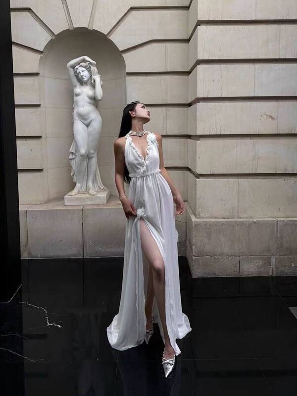 Three-layer Flower Decorative Wave Fairy Elegant dress Neck Sling Beach Dress for Seaside Photographing Women