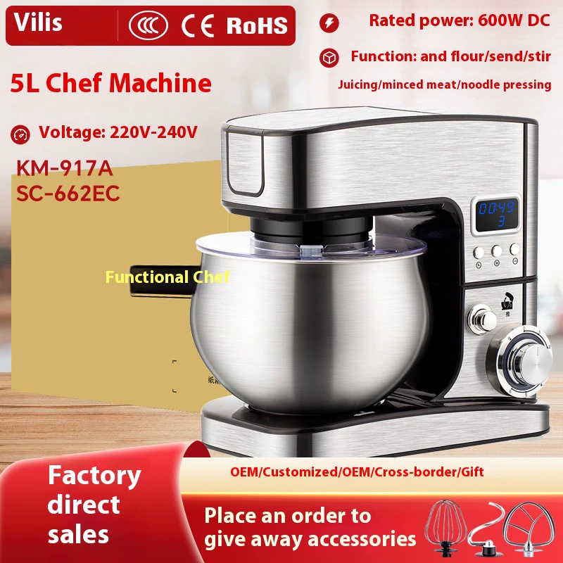 5L intelligent timing chef machine multifunctional stainless steel fully automatic dough machine home desktop egg beater