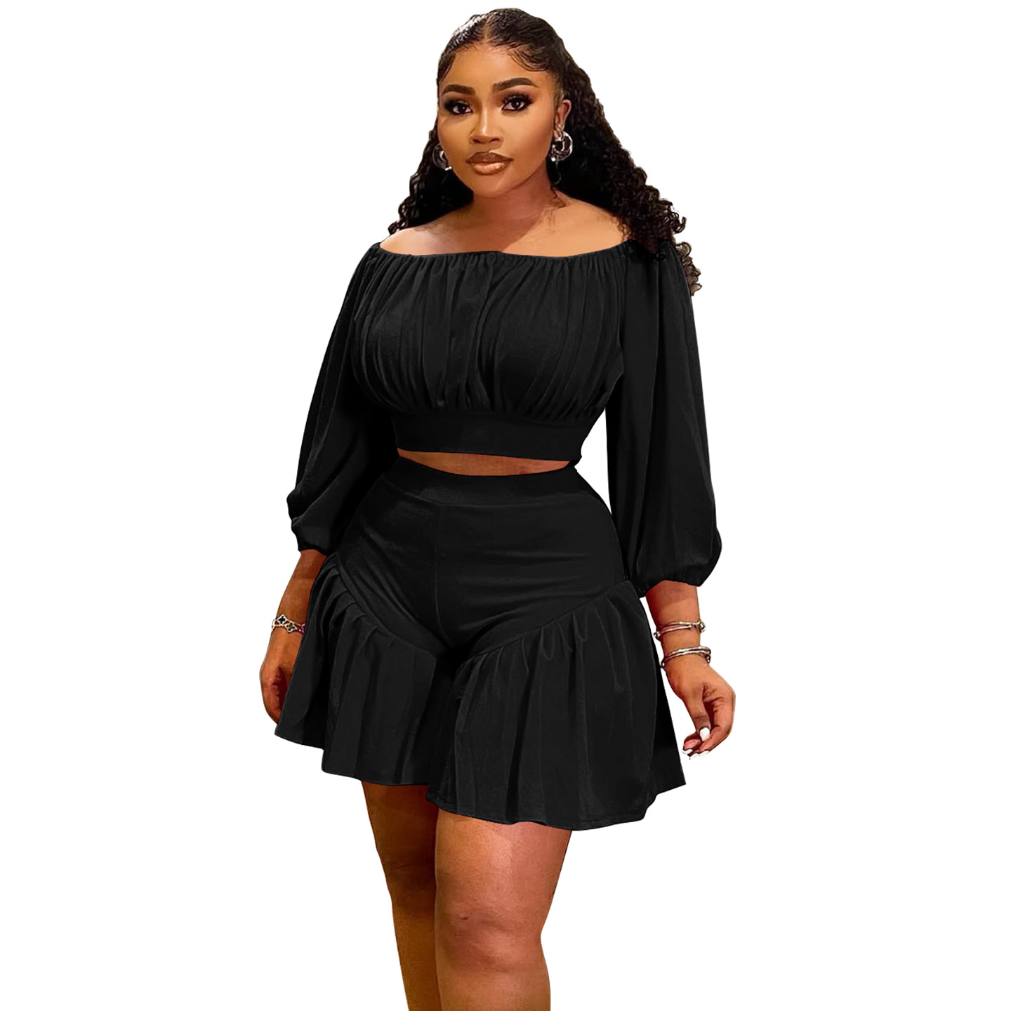350g Weight Long Sleeve Sleeve Length Spandex, Polyester Fabric Type Shorts Co-ord Set Sets Type 2 Pieces Set Quantity Daily Occasion Off Shoulder Neckline Slim Fit Type Solid Color Pattern Summer Season Casual Style Daily Casual Solid Color Spandex Polyester Shorts Co-ord Set Plus Size Two-piece Sets 24