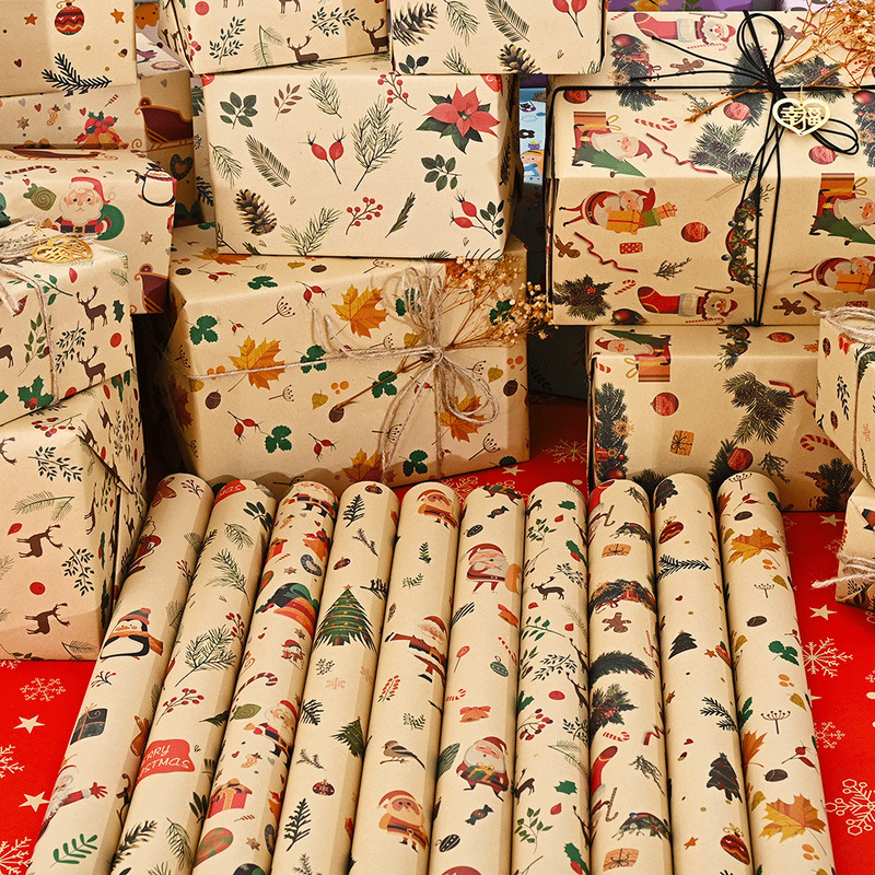 Cross-Border 2025 Christmas Wrapping Paper Christmas Gift Gift Decoration Christmas Kraft Paper Retro Wrapping Paper Now