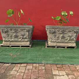 青石方缸别墅庭院养鱼缸纳福聚财长方石缸古建园林雕刻荷花大缸