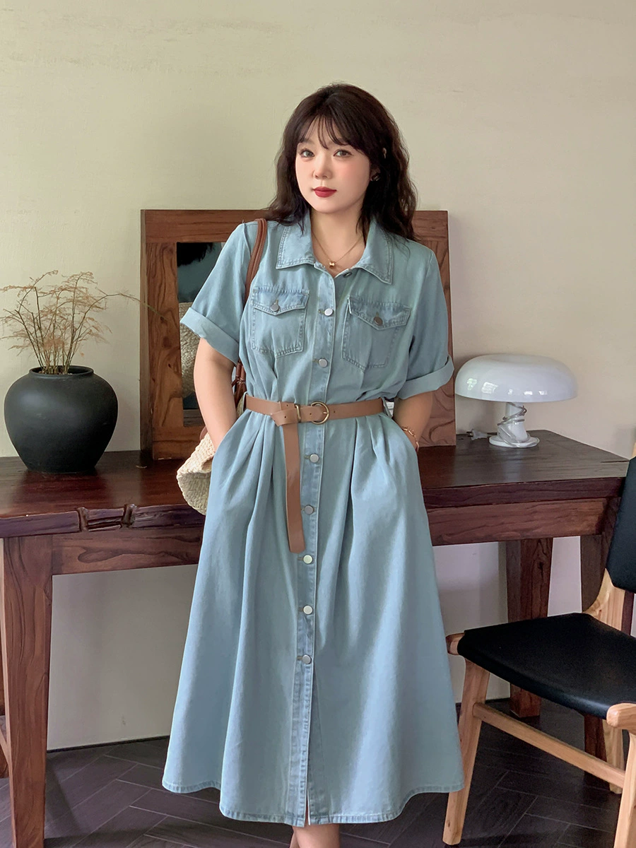 Футболка-платье из денима, дизайнер washed denim, больший размер (70% хлопок, 30% эластан), съемный пояс