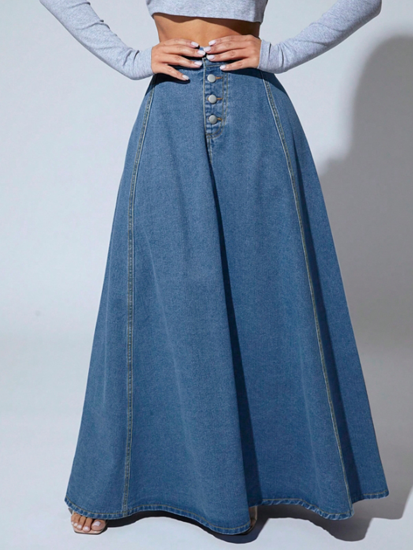 2025 Spring and Summer Season 2025 Spring And Summer Streetwear Solid Color Cotton Denim Maxi Long Dress Skirts