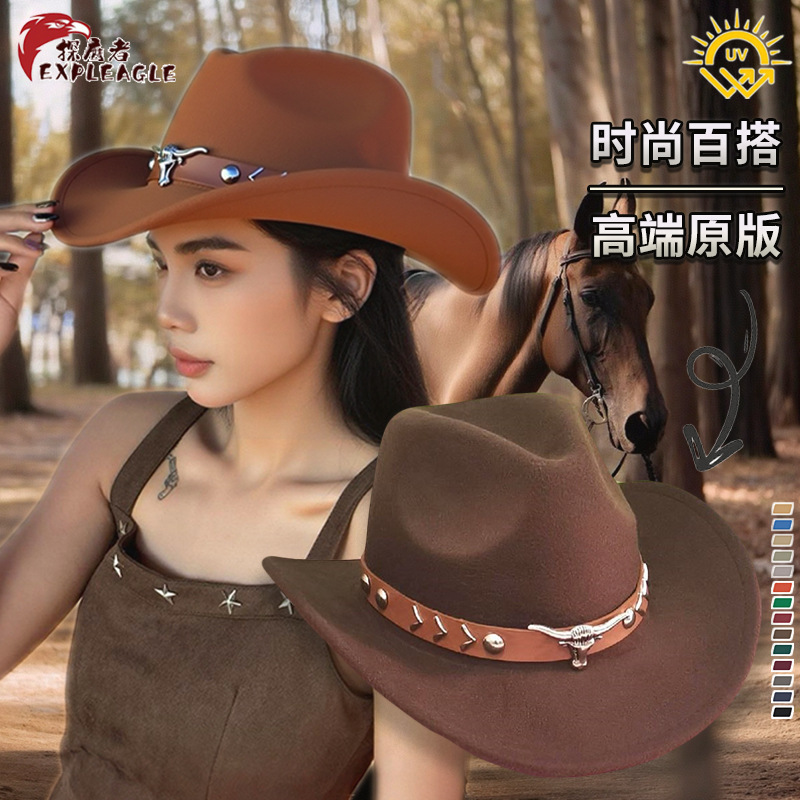 Ethnic Style Wool Felt Men's Hat Western Cowboy Roll Brim Hat Retro Cow Standard Riding Hat Wholesale Factory Hot Selling Women