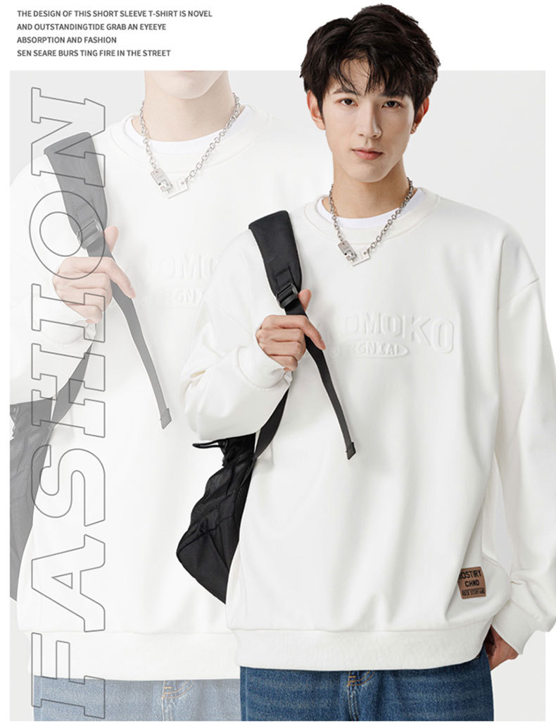 Steel stamp letter embossed round neck hoodie for men's 2024 spring composite three-dimensional relief personalized top_voghion.com