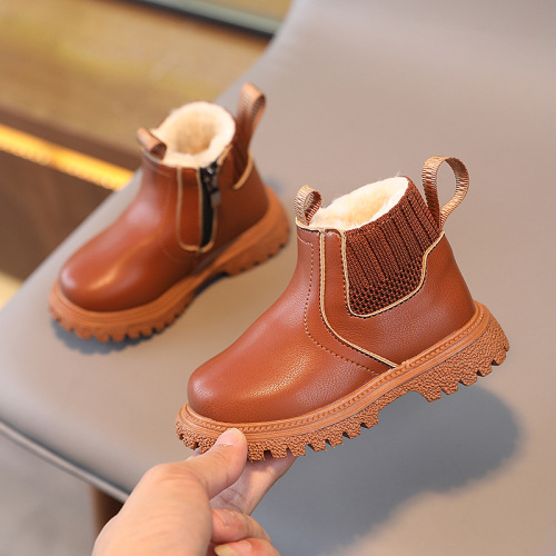 Winter Fleece Children's Fashion British Short Boots Boys' Side Zipper Fashion Martin Boots Girls' Soft Bottom Fashion Boots 