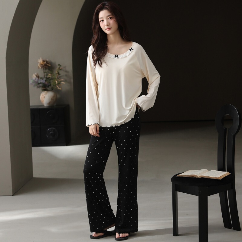 Caini Qing Pure Cotton Spring and Autumn Women's Long-Sleeve Wearable with Chest Pad Women's Flared Pants Height-Enhancing Slimming Loungewear