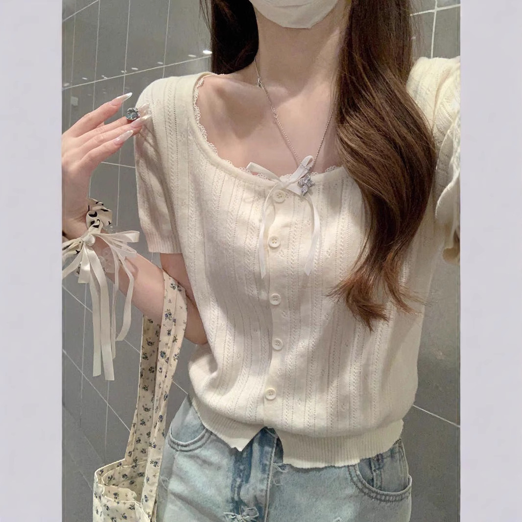 Solid color lace knitted summer cute T-shirt with bow