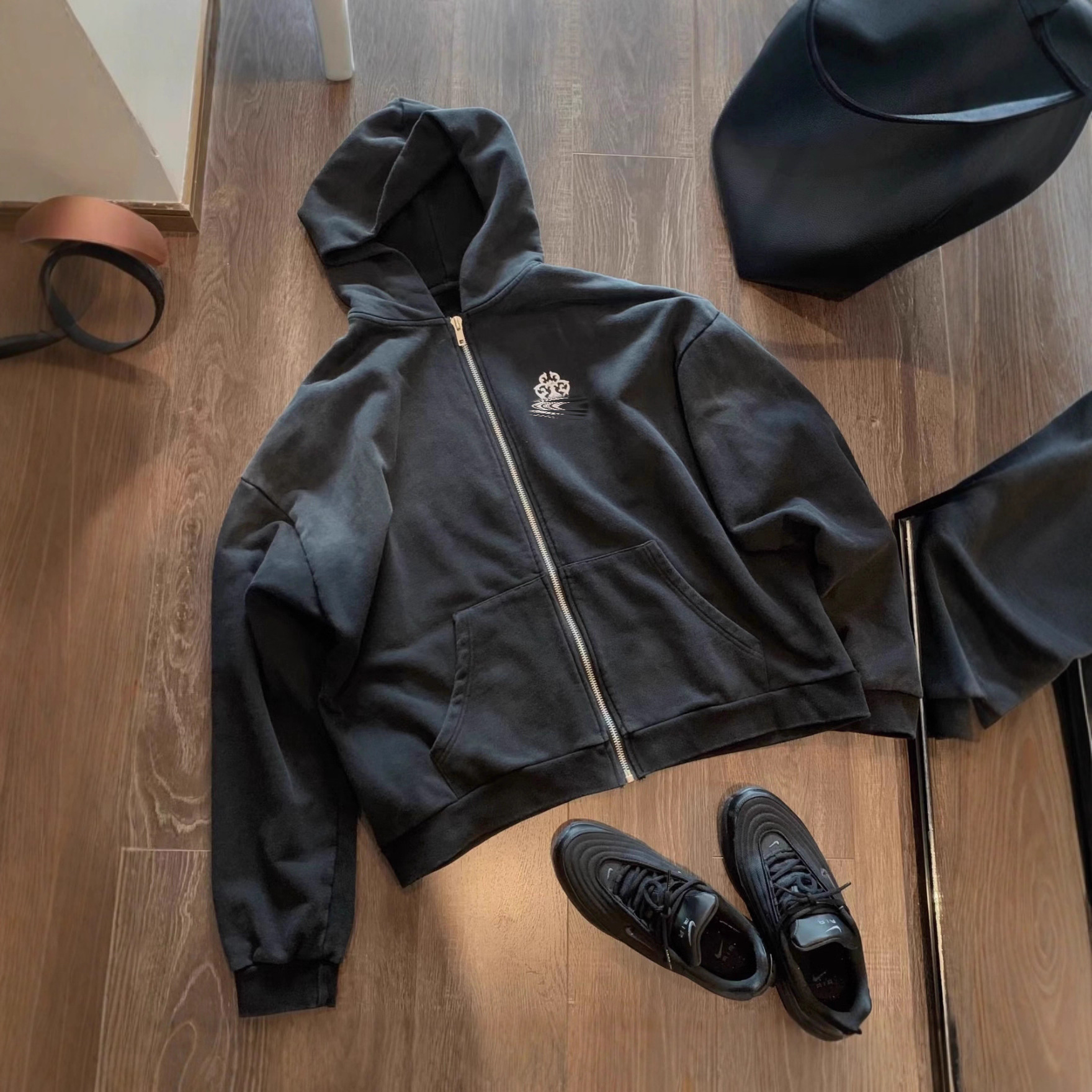 25秋季 新款时尚复古星条旗梵文拉链连帽卫衣宽松百搭长袖外套女