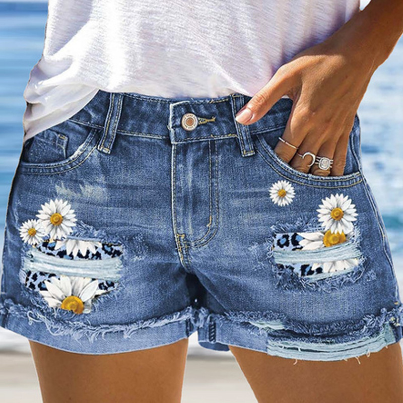 European and American Summer New Hot-Selling Mid-Waist Ripped Printed Washed Women's Denim Shorts Hot Pants
