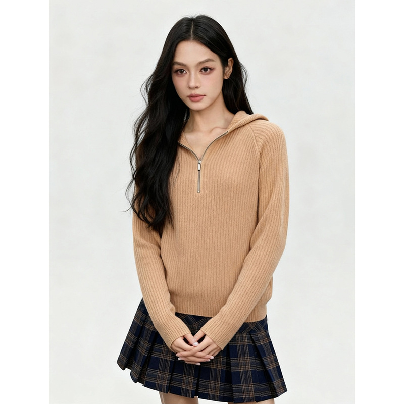 Rongtai 100% Merino Seamless One-Piece Wool Knitwear for Women Autumn and Winter Hooded Half-Zip Elegant Top