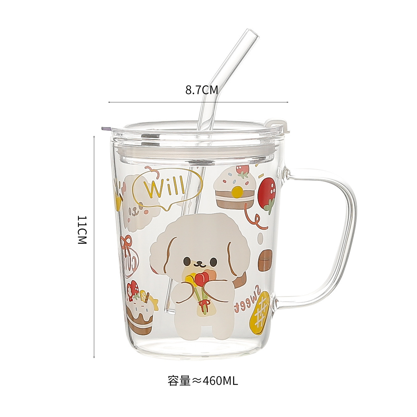 Taza de vidrio minimalista moderna pajita de dibujos animados con tapa para el hogar taza de agua de vidrio de leche impresa taza de regalo LOGO al por mayor