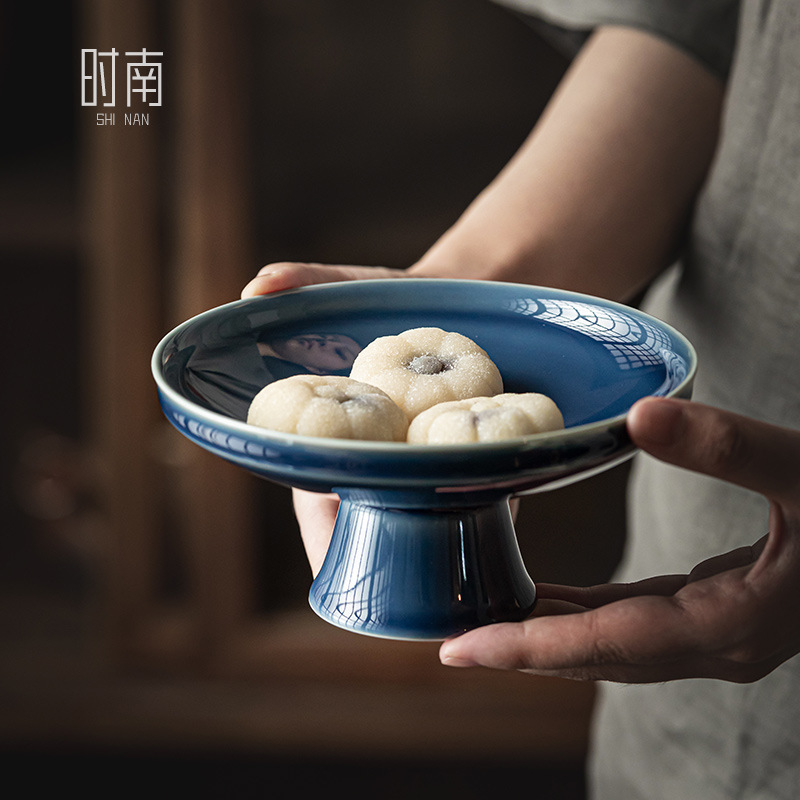 Chinese-style Ceramic Tall Fruit Plate Refreshment Plate Pastry Plate Fruit Dried Fruit Tray Household Fruit Plate Wedding Engagement Table