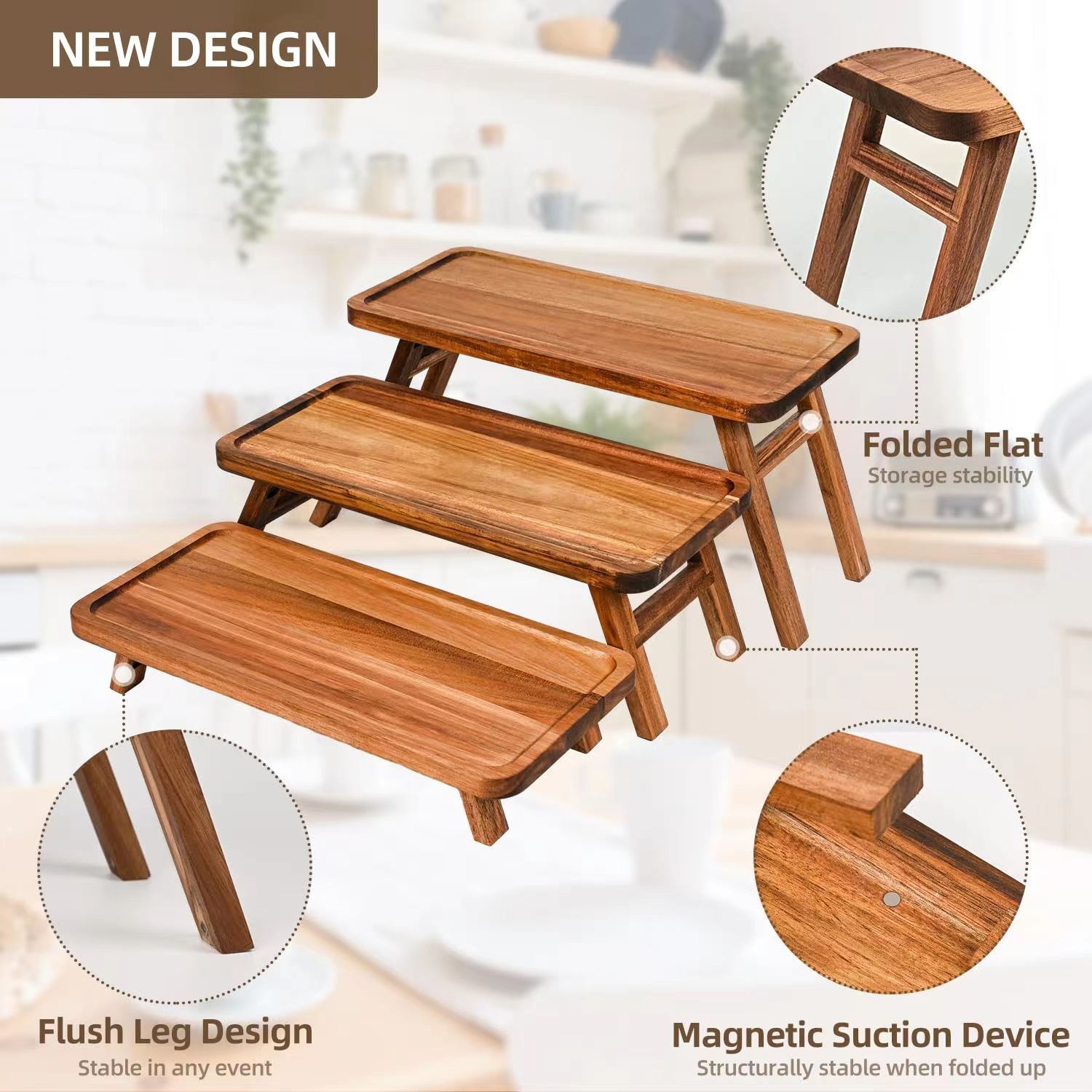 bandeja de madera de tres capas estante de almacenamiento escalonado estante de exhibición de platos de comida estante de postre creativo de tapas bandeja de madera