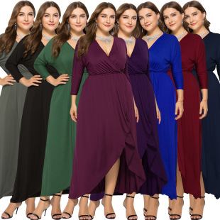 Autumn and Winter Wish Amazon ebay European and American Standard Size Sexy V-Neck Bat Sleeve Large Swing Hip Solid Color dress