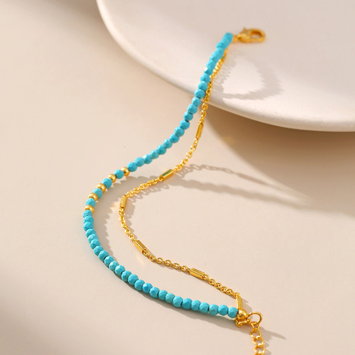 Elegant Turquoise Ethnic Style Bracelet with 18K Gold Plated Chains, Color-Protecting Double Chain Design, Unique Aesthetic Bracelet