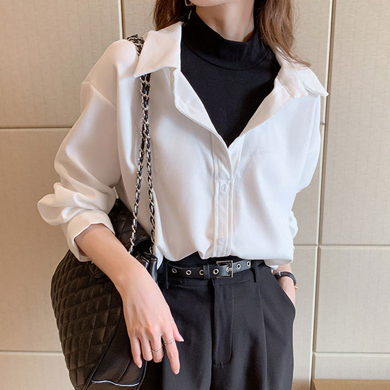 Fake Two-piece Shirt Women's Long-sleeved 2024 Autumn and Winter Loose Korean Style Women's Half-high Collar Top Stacked Base Shirt