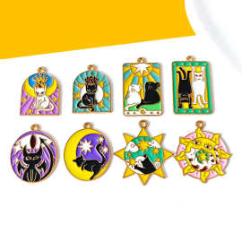 跨境塔罗牌黑猫白猫配件diy合金滴油吊牌钥匙扣项链包包手链挂件