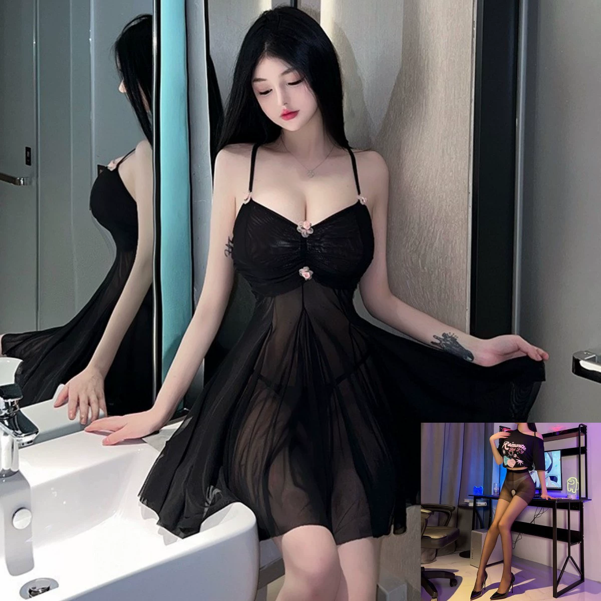 [性感诱惑网纱情趣睡衣女纯欲透视吊带睡裙新款内女一件代发A290]
