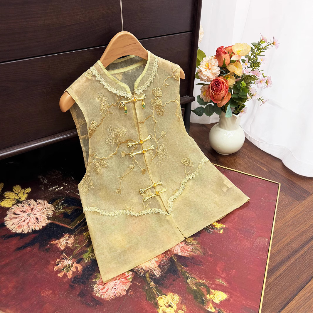 New Chinese Style Organza Embroidered Vest for Women 2025 Summer New Style Stand-Up Collar Lace Edge Vest Breathable Outer Vest
