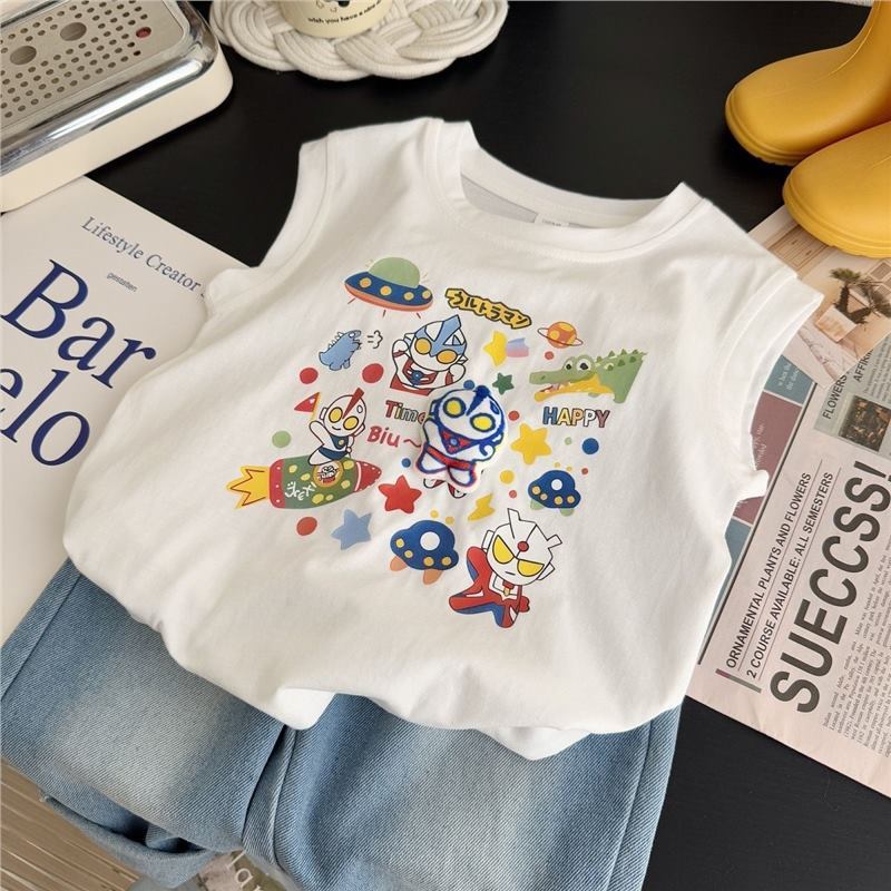 夏の新しい漫画スタイルの小中型子供服男の子ベビーウルトラマン立体人形ベスト Tシャツトップ|undefined