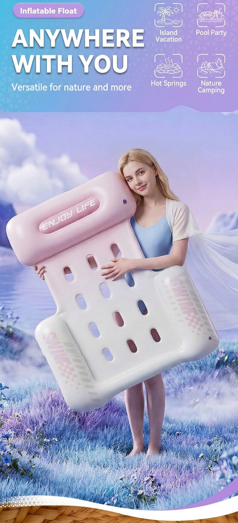 Cartoon Macaron Three-tube Inflatable Pool Hammock Water Raft_voghion.com