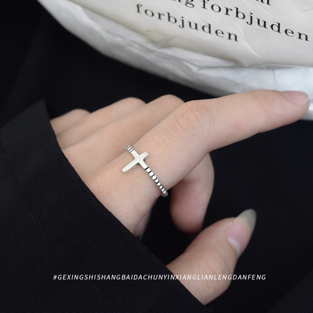 Retro Cold Style Jewelry S925 Sterling Silver Polished Cross Ring Nightcluby Women's Jewelry Open Ring