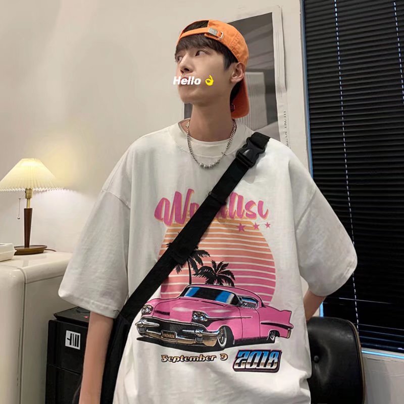 100 Cotton American Style Retro Short Sleeve T-shirt Men's Fashionable Hip Hop Street Couple European and American Style Loose Niche Top