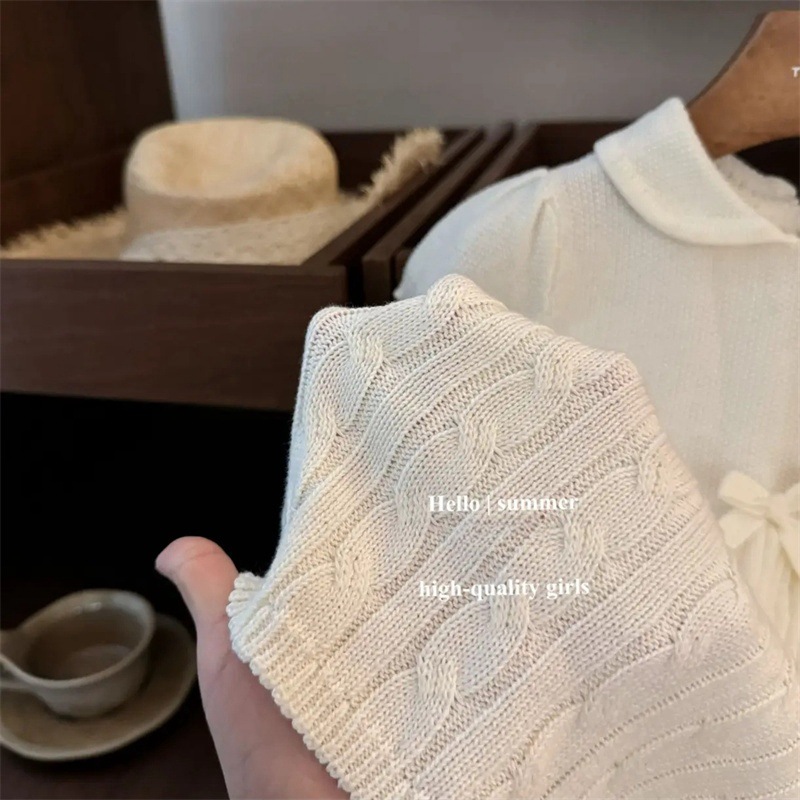 25 bebés bordados regazo burbuja mangas polo vestido de prenda de punto para niñas