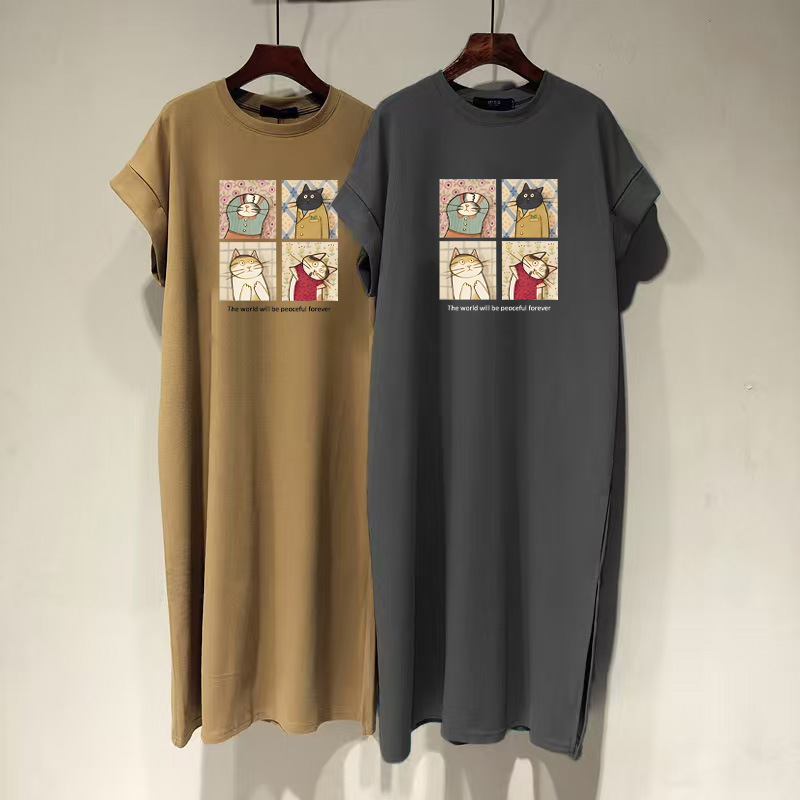 Crewneck T-shirt Women's New Korean Style Loose Casual Age-reducing Western Style Flying Sleeve Split dress Long Dress for Summer Crewneck T-shirt Women's New Korean Style Loose Casual Age-reducing Western Style Flying Sleeve Split dress Long Dress for Summer