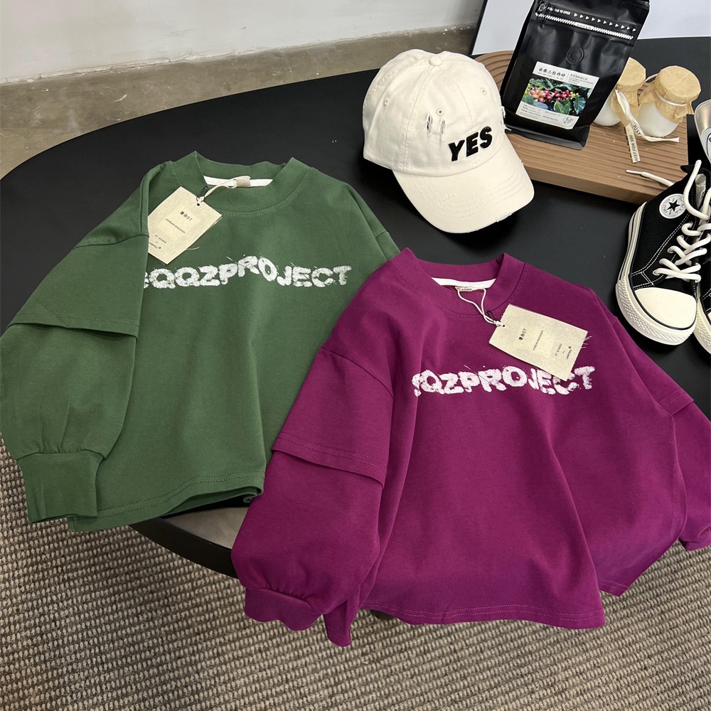 High-weight Spring Style Children's American False Two-Piece Sweatshirt for Boys and Girls, Bright Color Letter Crew Neck Long-Sleeve Top