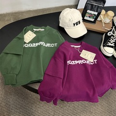 High-weight Spring Style Children's American False Two-Piece Sweatshirt for Boys and Girls, Bright Color Letter Crew Neck Long-Sleeve Top