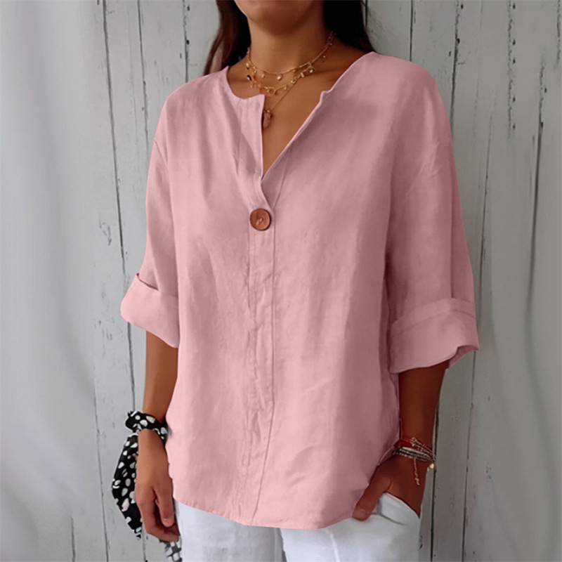 Women's Loose Fit V Neck 7/8 Sleeve Cotton Button Front Tunic Top – Casual Summer Blouse 2026_ecoleips.com