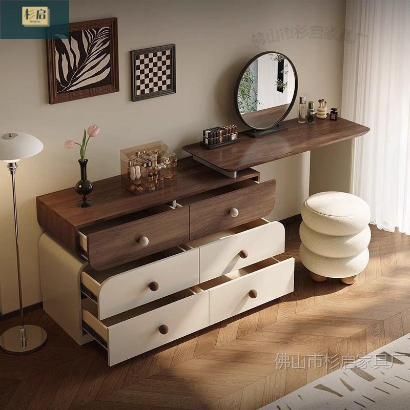 Dressing Table Light Luxury High-End Internet Celebrity Solid Wood Dressing Table Modern Retractable New Mid-Century Style Dressing Table Walnut Color