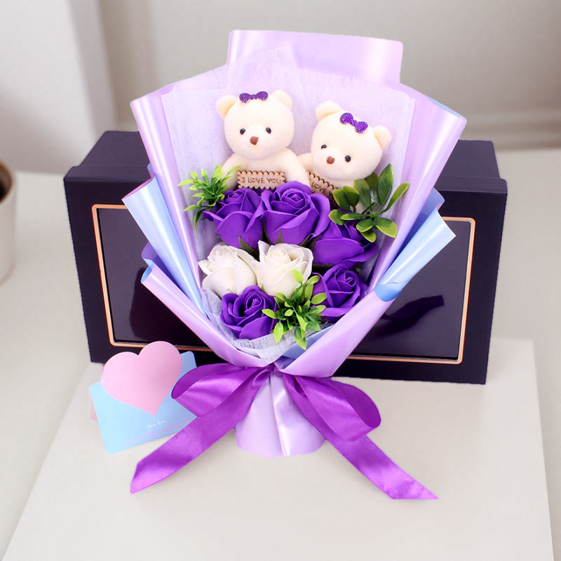 Ramo de Jabones en Forma de Oso para el Día de San Valentín y el Día de San Valentín Chino, Caja de Regalo con 7 Rosas, Regalo para el Día del Maestro, Flores Hechas a Mano