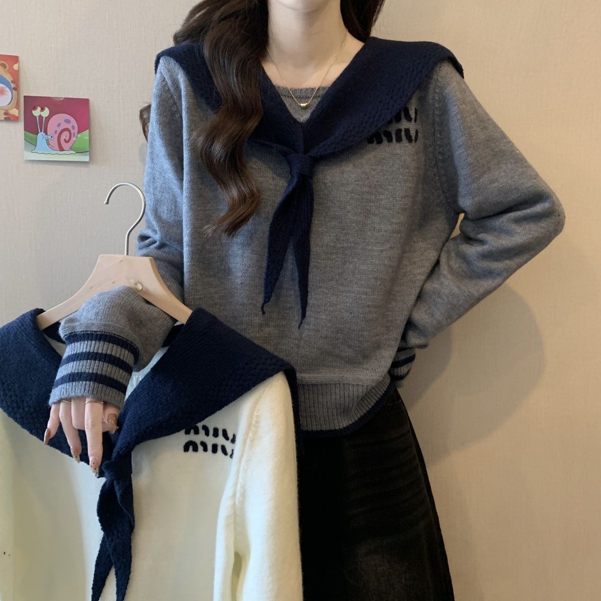 스웨터 여성의 2024 새로운 겨울 자수 편지 색상 분할 네이비 칼라 니트 스웨터 디자인 센스 칼리지 스타일 긴 소매