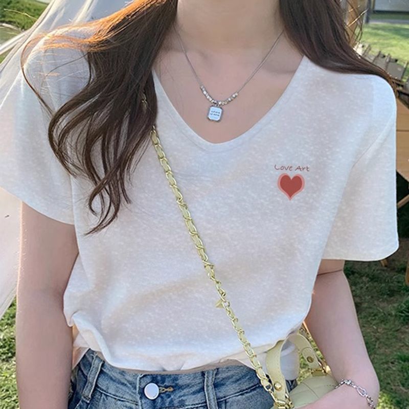 2026 New V-Neck Snowflake Cotton T-Shirt Women's Short-Sleeved Top Women's Fashion Stylish Light Luxury High-End Feel